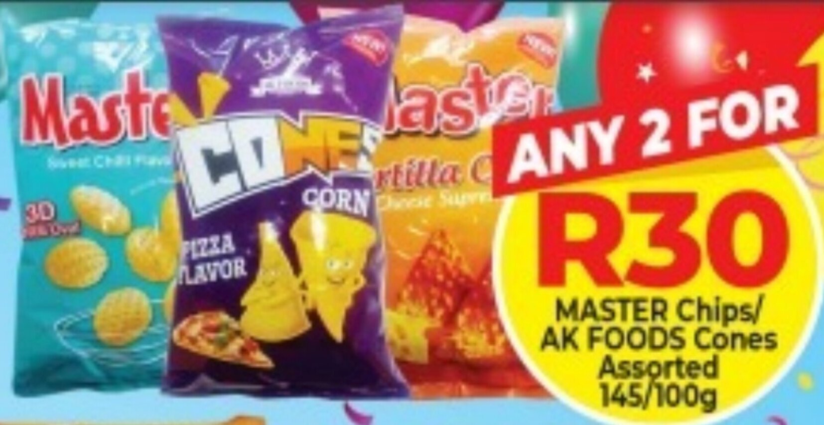 Master Chips/AK Foods COnes Assorted 2x145/100g offer at Elite Cash & Carry