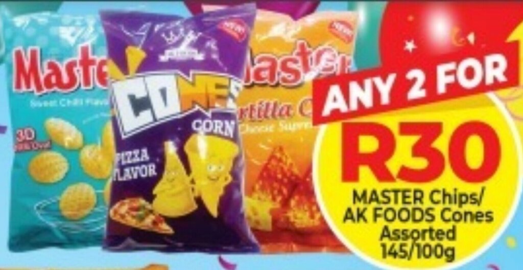 Master Chips/AK Foods COnes Assorted 2x145/100g offer at Elite Cash & Carry