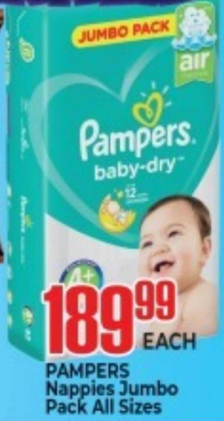 Pampers Nappies Jumbo Pack All Sizes offer at Elite Cash & Carry