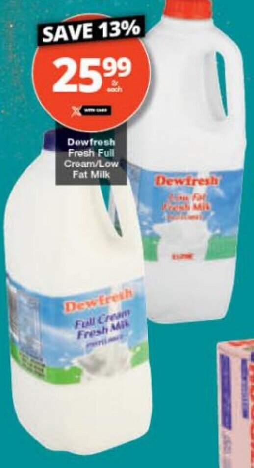 Dewfresh Fresh Full Cream/Low Fat Milk 2L offer at Checkers