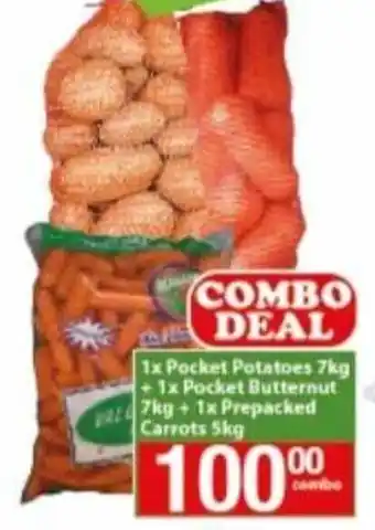 Check Save 1 x Pocket Potatoes 7kg + 1 x Pocket Butternut 7kg + 1 x Prepacked Carrots 5kg offer