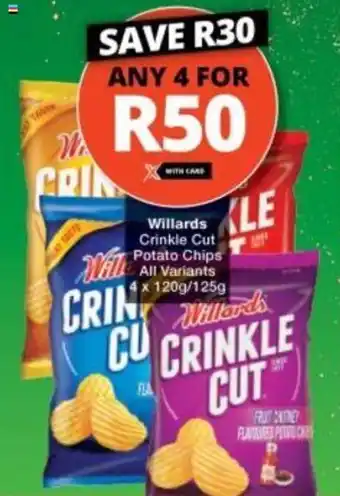 Checkers Willards Crinkle Cut Potato Chips all variants 4 x 120g / 125g offer