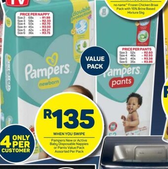 Pick n Pay Hypermarket Pampers New or Active Baby Disposable Nappies or Pants Value Pack Assorted per pack offer