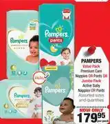 Dis-Chem Pampers value pack premium care nappies or pants or jumbo pack active baby nappies or pants-per pack offer