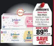 Dis-Chem Johnson's value pack baby wipes gentle all over 432 wipes or extra sensitive 336 wipes-per pack offer