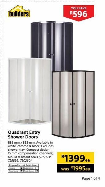 Builders Warehouse Quadrant entry shower doors offer