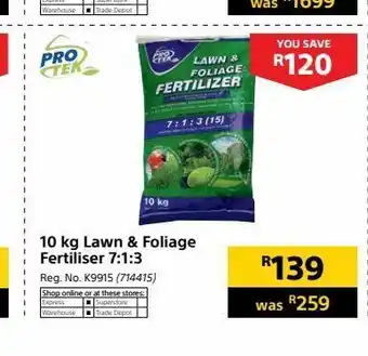 Builders Warehouse 10 kg lawn & foliage fertilizer 7:1:3 offer