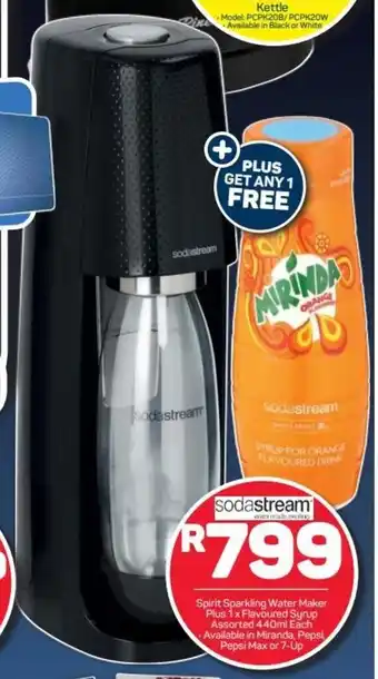 Pick n Pay Sodastream Spirit Sparkling Water Maker Plus 1 x Flavoured Syrup assorted 440ml offer