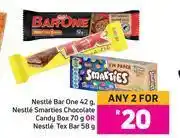 Game Nestle bar one 42g, nestle smarties chocolate candy box 70g or nestle tex bar 58g-for 2 offer