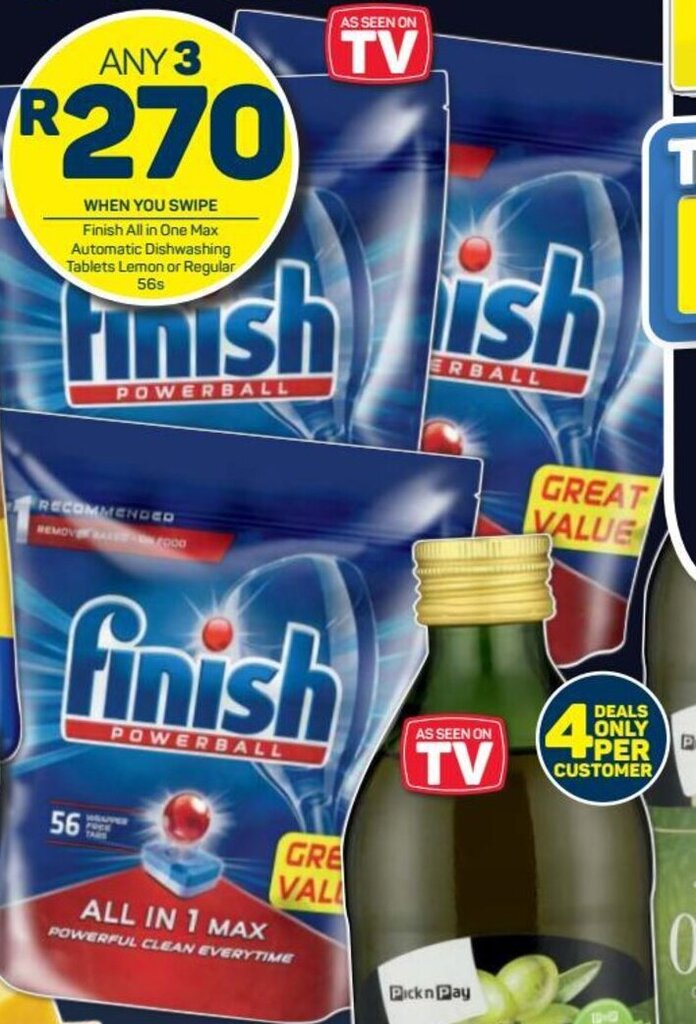 Finish all in One Max Automatic Dishwashing Lemon or Regular 3 x 56s offer at Pick n Pay