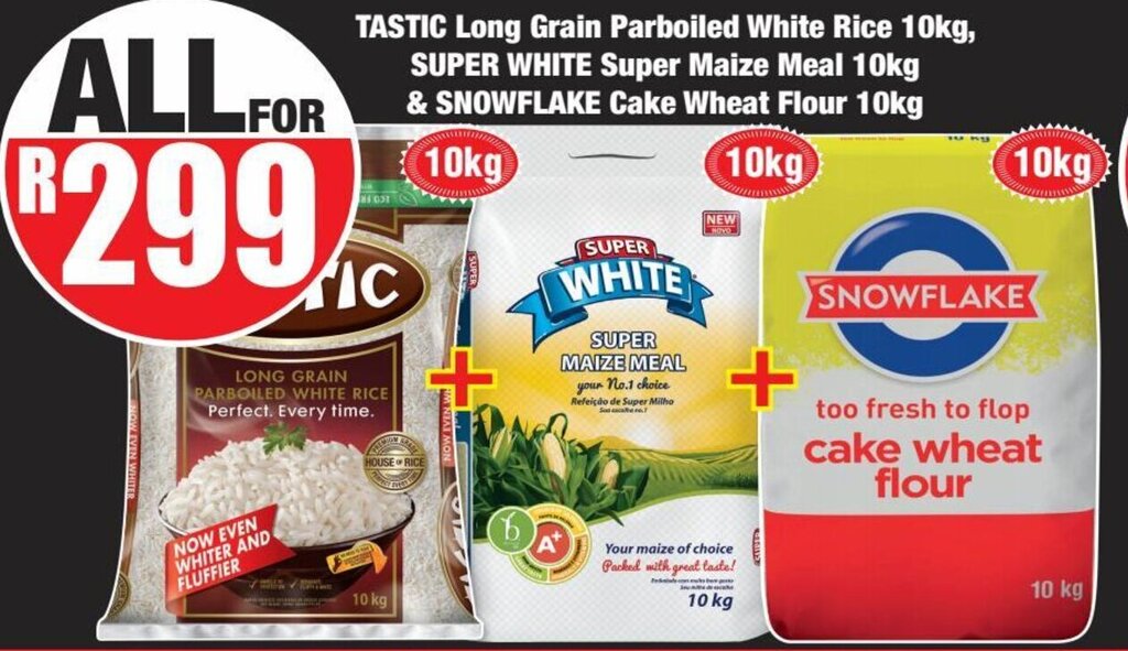 Tastic Long Grain Parboiled White Rice 10kg + Super White Super Maize