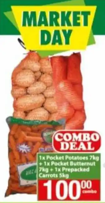 Check Save Combo Deal 1 x Pocket Potatoes 7kg + 1 x Pocket Butternut 7kg + 1 x Pocket Carrot 5kg offer