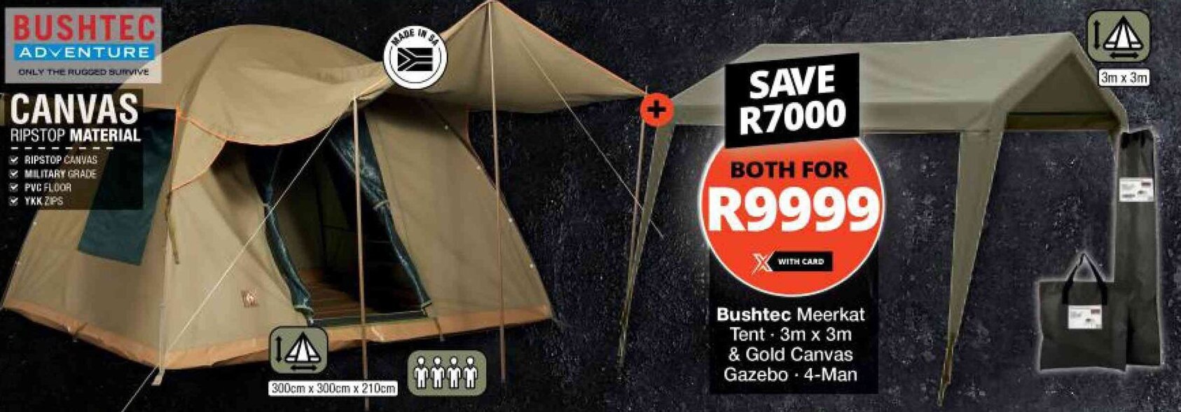 Bushtec Meerkat Tent 3m x 3m & Gold Canvas Gazebo 4man offer at Checkers