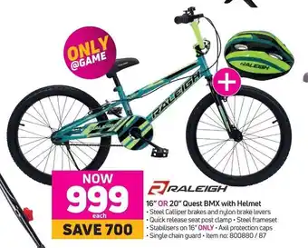 Raleigh 16 or 20 Quest BMX with Helmet offer at Game