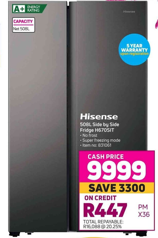 Hisense 508L Side by Side Fridge H670SIT offer at Game