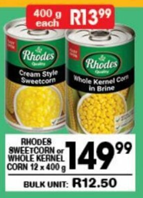 Giant Hyper Rhodes Sweetcorn or Whole Kernel Corn 12 x 400g offer