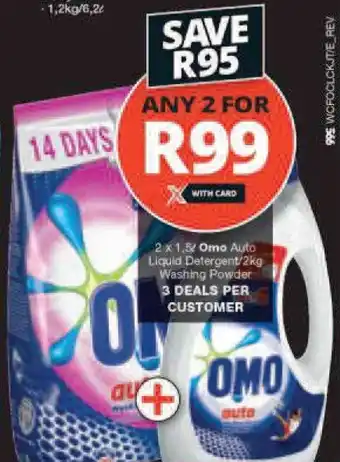 Checkers 2 x 1,5L Omo Auto Liquid Detergent / 2kg Washing Powder offer