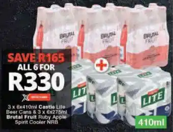 Checkers 3 x 6 x 410ml Castle Lite Beer Cans & 3 x 6 x 275ml Brutal Fruit Ruby Apple Spirit Cooler NRB offer