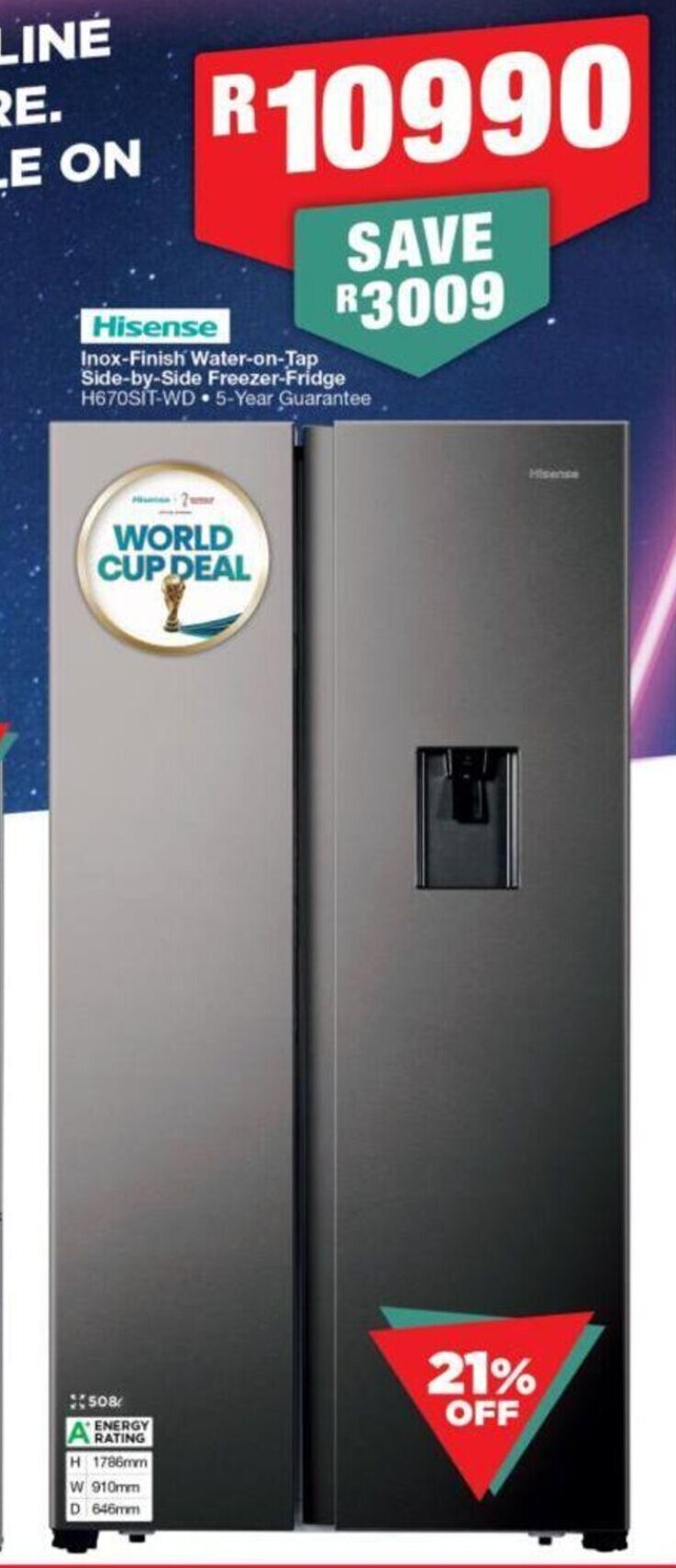 Hisense Inox Finish WateronTap SidebySide Freezer Fridge offer at