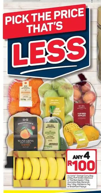 Pick n Pay No Name™ Orange Carry Bag 2.5kg, PnP Golden Delicious or Top Red Apples 1.5kg, Avocados Bag, Bananas Box 1.2kg, Mandarins 1kg offer