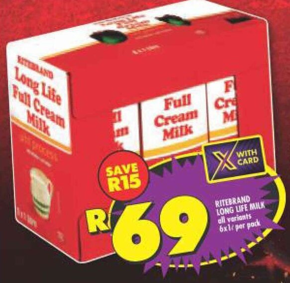 Ritebrand Full Cream Milk all variants 6 x 1L per pack offer at Shoprite