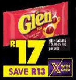 Shoprite Glen Tagless Tea Bags 100 per pack offer