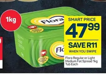 Pick n Pay Flora Regular or Light Medium Fat Spread 1kg Tub each offer
