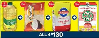 Pick n Pay Crown Blended Cooking oil + Spekko Long Grain Parboiled White Rice 2kg + Snowflake Cake Wheat Flour + Ace Super Maize Meal offer