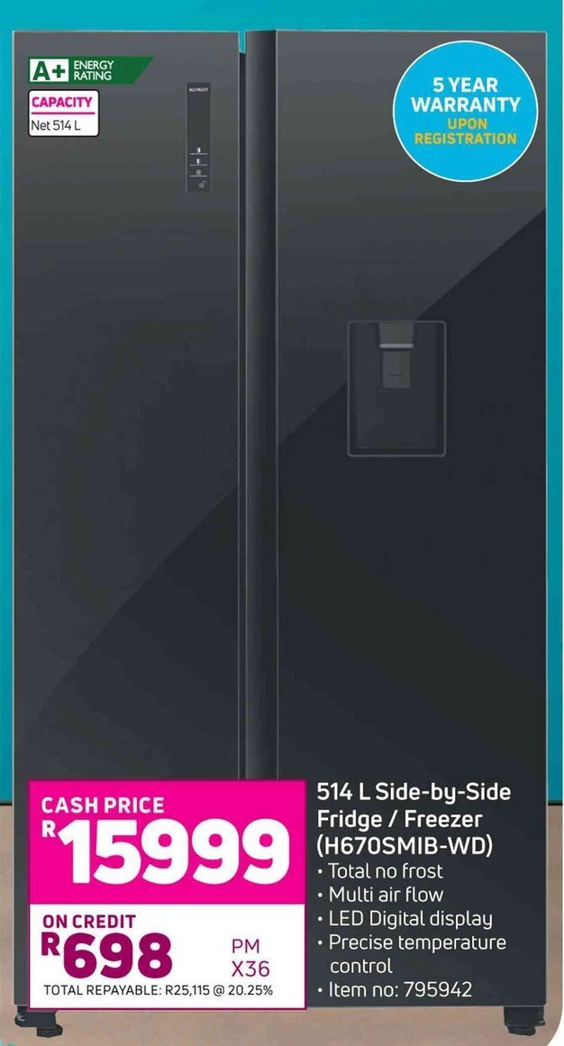 Hisense 514L SidebySide Fridge / Freezer H670SMIBWD offer at Game