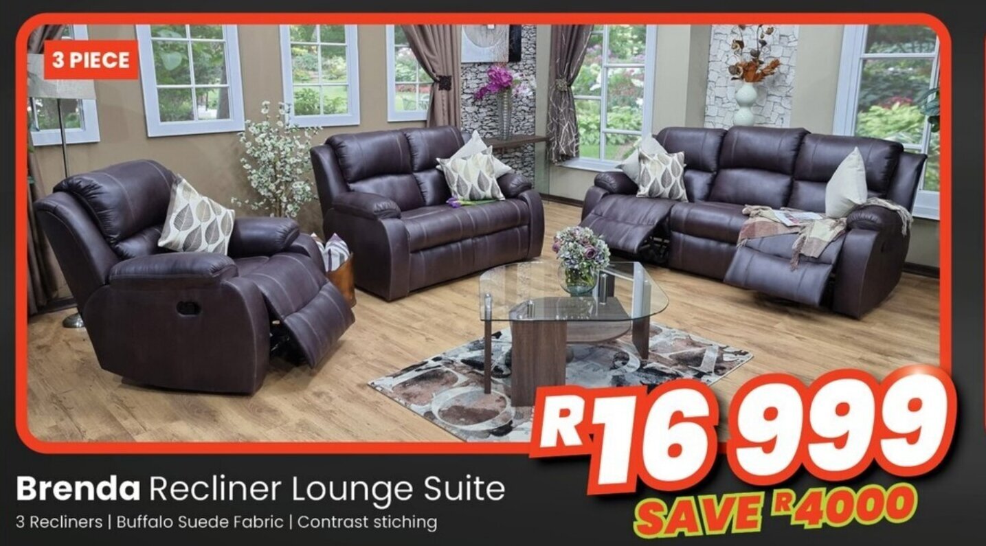 Brenda Recilner Lounge Suite 3 piece offer at Discount Decor