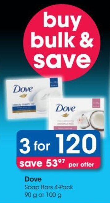 Dove Soap Bars 3 X 4 Pack 90g Or 100g Offer At Clicks