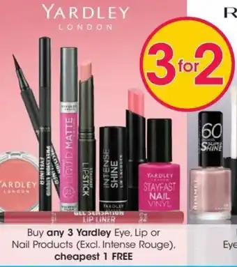Clicks Buy any 3 Yardley eye, Lip or Nail Products (excl. Intense Rouge) cheapest 1 FREE offer