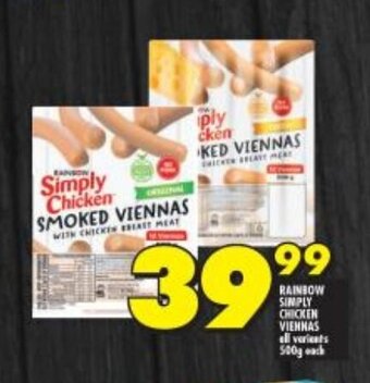 Shoprite Rainbow Simply Chicken Viennas all Variants 500g each offer