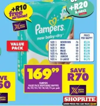 Shoprite Pampers Value Disposable Nappies 36/42/45/50/58/68/76 per pack offer