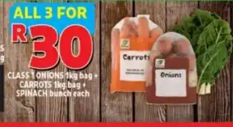 Class 1 Onions 1kg Bag + Carrots 1kg Bag + Spinach Bunch each