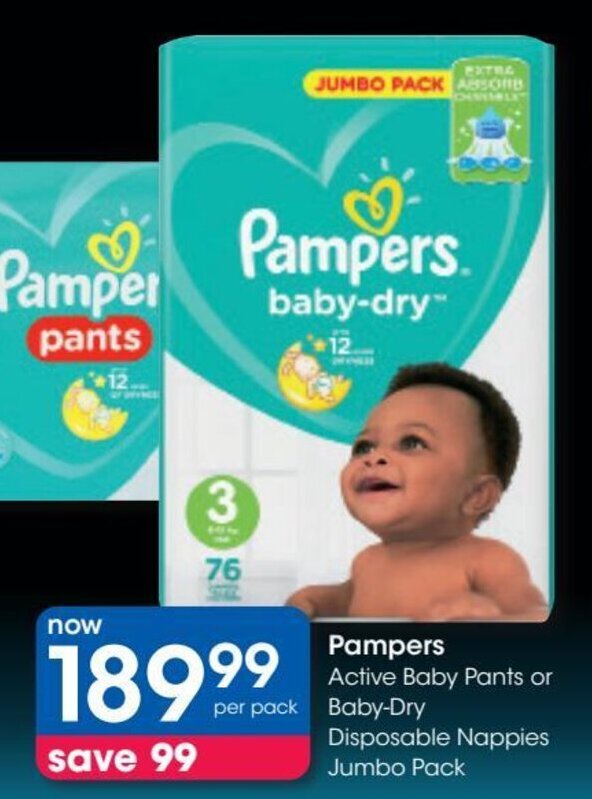 Pampers Active Baby Pants or BabyDry Disposable Nappies Jumbo Pack