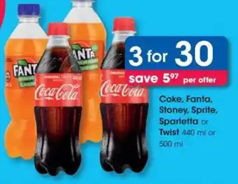 Clicks Coke, Fanta, Stoney, Sprite, Sparletta or Twist 440/500ml offer