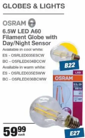 Mica Globes & Lights Osram 6,5W LED A60 Filament Globe with Day/Night Sensor offer