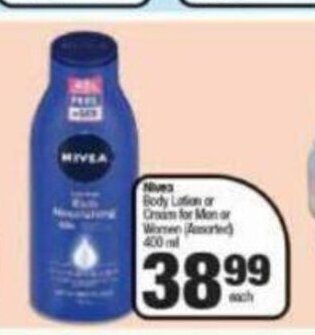 Spar Nivea Body Lotion or Cream for Men or Women 400ml offer