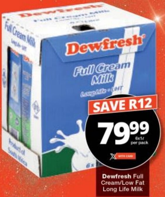 Dewfresh Full Cream/Low Fat Long Life Milk 6x1L offer at Checkers