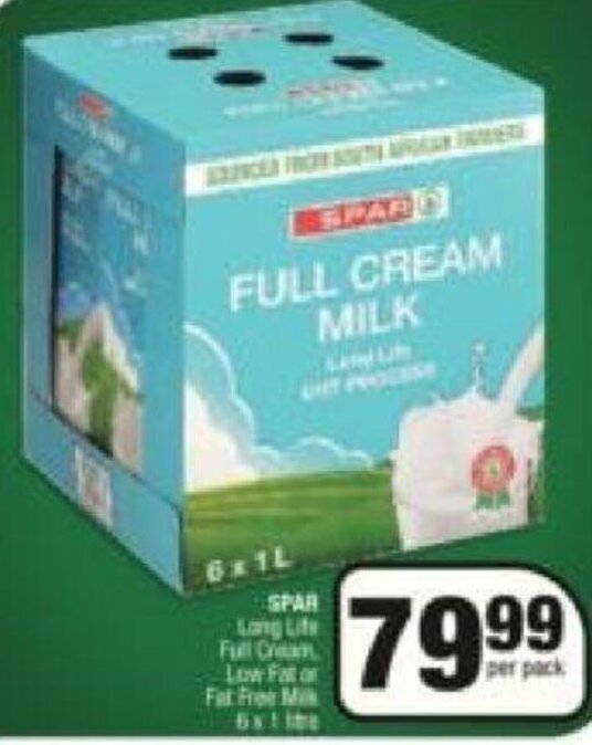 Spar Long Life Full Cream Milk 6x1L offer at Spar