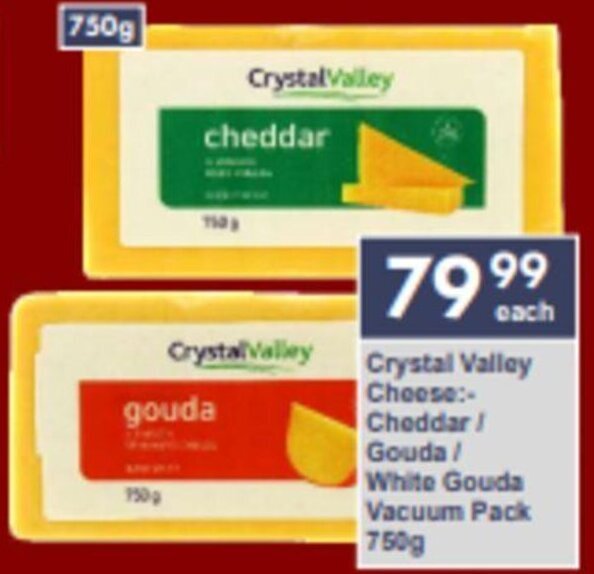 Crystal Valley Cheese Cheddar/ White Gouda/ Vacuum Pack 750g offer at