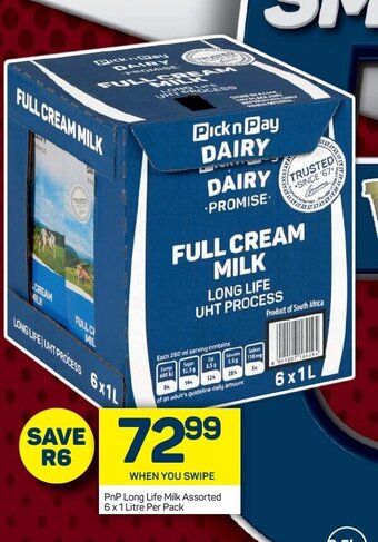Pick n Pay PnP Long Life Milk Assorted 6x1 Litre Per Pack offer