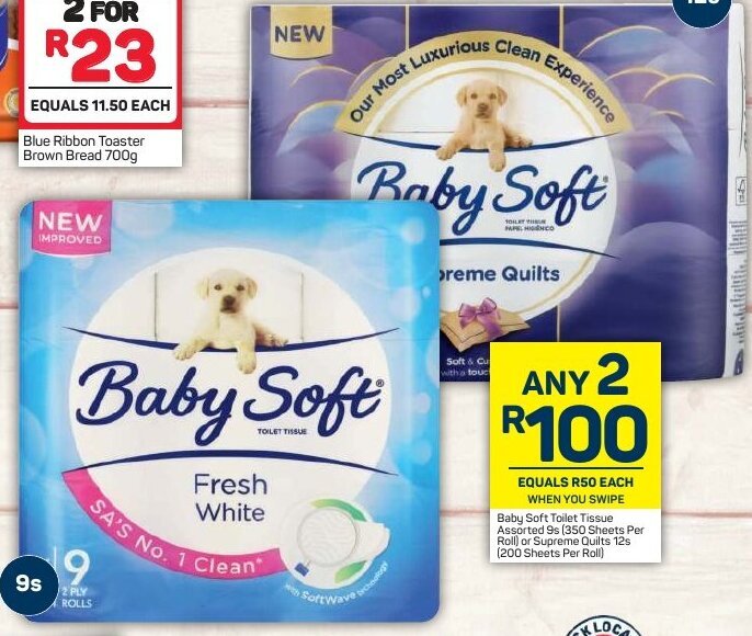 Baby Soft Toilet Tissue Assorted 9s (350 Sheets per Roll) or Supreme Quilts 12s (200 Sheets Per