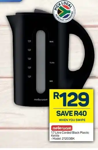 Pick n Pay Mellerware 1.7 Litre Corded Black Plastic Kettle - Model: 21203BK offer