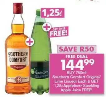 President Liquor Buy 750ml Southern Comfort Original / Lime Liqueur & GET 1.25L Appletiser Sprakling Apple Juice FREE offer