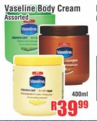 Devland Cash And Carry Vaseline Body Cream Assorted 400ml offer