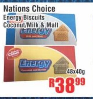 Devland Cash And Carry Nations Choice Energy Biscuits Coconut/Milk & Matt 48x40g offer