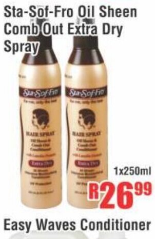 Devland Cash And Carry Sta-Sof-Fro Oil Sheen Comb Out Extra Dry Spray 1x250ml offer