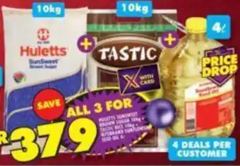 Shoprite Huletts Sun Sweet Brown Sugar 10kg + Tastic Rice 10kg + Ritebrand Sunflower Seed Oil 4L offer
